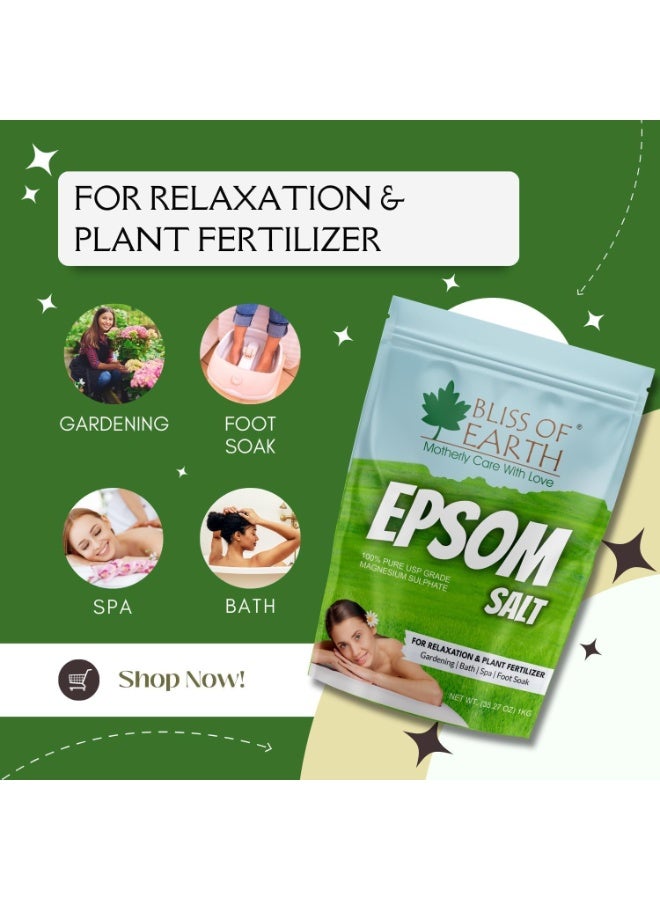 BLISS OF EARTH Epsom Salt for Bath 1KG, Plants & Foot Soak, Natural Magnesium Sulfate, Relaxing Soak for Muscle Relief, Aromatherapy, Vegan, Cruelty-Free pack of 2 - Image 4